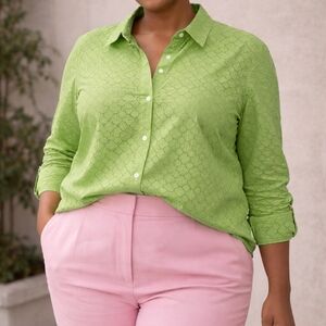 Talbots Womens Sz L Button Down Green Embroidered Crochet Shirt Spring Garden